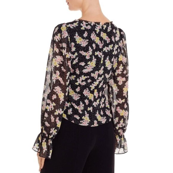 NWT cinq a sept Elastic Cuffs LS Vneck Tie Front Floral Sheer Kimberly Top XS - Picture 2 of 16